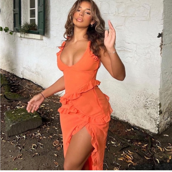 NWT HOUSE OF CB 'Pixie' Georgette Flame Orange Ruffle Maxi Dress - Picture 10 of 10